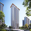 Modern High Rise Residential Building Exterior With Green Trees Under Clear Blue Sky