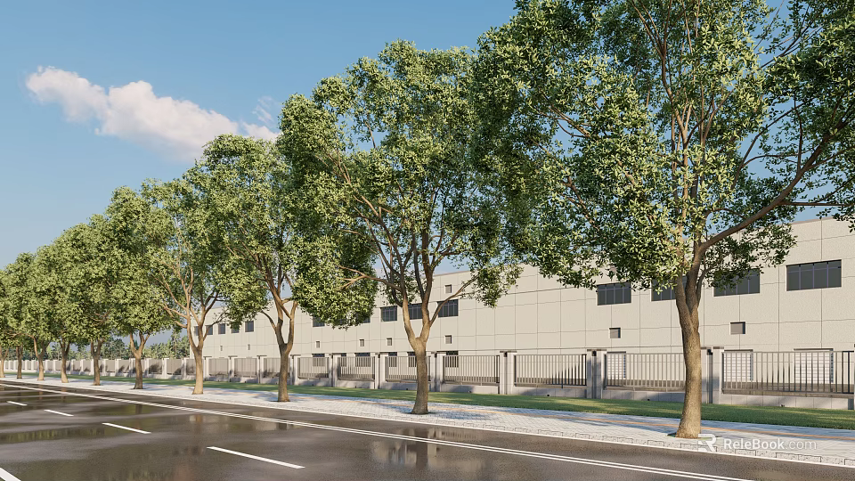 Efficient Urban Road Facilities Featuring Lined Trees Wet Surface And White Building 3d model 