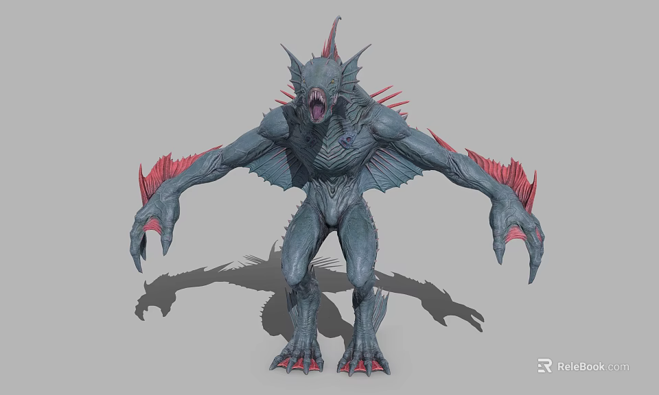 Fierce Mythical Creature With Gray Body Red Spines Wing Like Structures Sharp Claws Open Mouth 3d model 