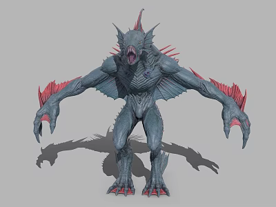 Fierce Mythical Creature With Gray Body Red Spines Wing Like Structures Sharp Claws Open Mouth 3d model