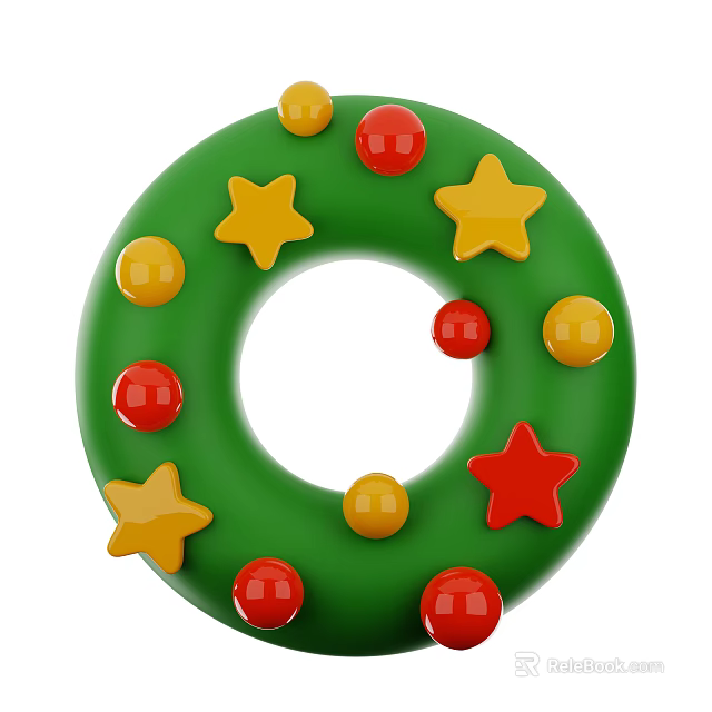 Christmas Decorative Ornament Set With Green Circular Design Yellow And Red Stars And Balls Decoration 3d model 