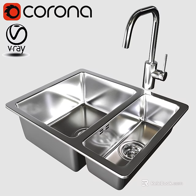 Stainless Steel Double Bowl Kitchen Sink With Modern Faucet Design 3d model 