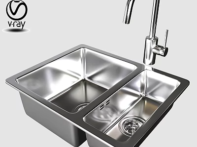 Stainless Steel Double Bowl Kitchen Sink With Modern Faucet Design 3d model