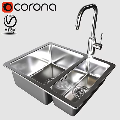 Stainless Steel Double Bowl Kitchen Sink With Modern Faucet Design 3d model