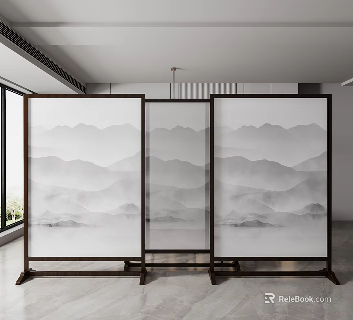 Three Panel Wooden Frame Room Divider with Ink Mountain Landscape in Modern Interior 3d model