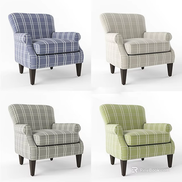 Single Sofa With Plaid Pattern In Various Colors And Wooden Legs Design 3d model