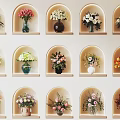 Colorful Indoor Flower Arrangements and Green Plants in Wall Niches with Decorative Vases