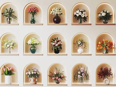 Colorful Indoor Flower Arrangements and Green Plants in Wall Niches with Decorative Vases 3d model