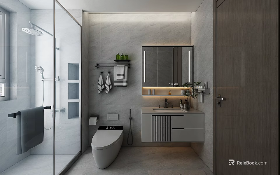 Modern Light Luxury Bathroom With Smart Toilet Glass Shower Enclosure And Illuminated Floating Vanity 3d model 