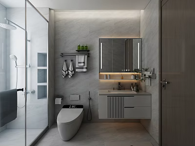 Modern Light Luxury Bathroom With Smart Toilet Glass Shower Enclosure And Illuminated Floating Vanity 3d model