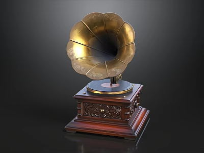 Vintage Gramophone With Polished Brass Horn And Carved Wooden Base 3d model