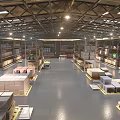 Spacious Industrial Factory Interior With High Metal Ceiling Lighting System And Storage Racks