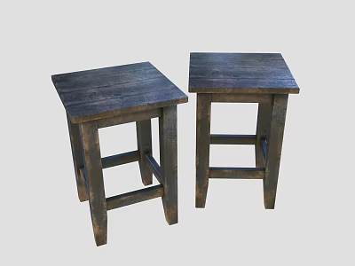 Two Dark Wooden Stools With Square Tabletop And Crossed Rail Structure 3d model