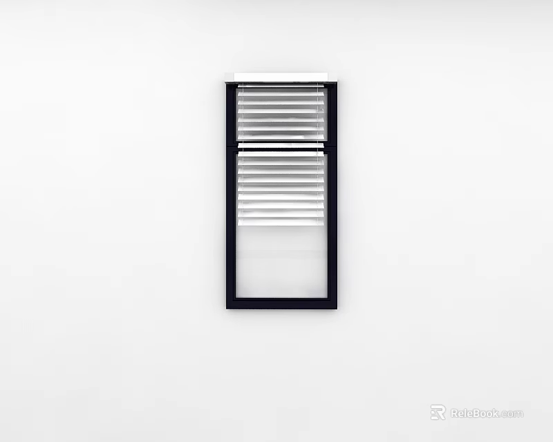 Partially Open White Blinds In Black Frame With Clear Glass On White Background 3d model 