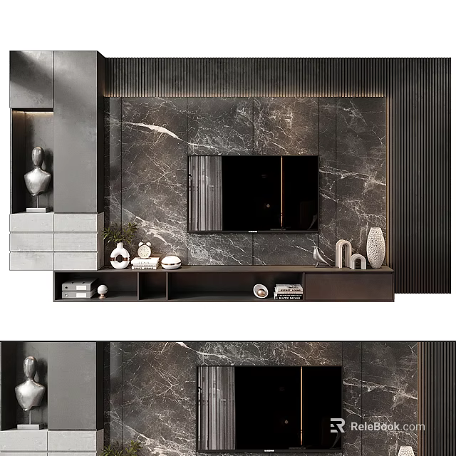 Modern Luxury Marble TV Background Wall Design With Mounted TV TV Stand And Decorative Items 3d model 