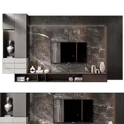 Modern Luxury Marble TV Background Wall Design With Mounted TV TV Stand And Decorative Items 3d model