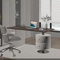 Modern Office Desk Interior With Ergonomic Chair Laptop Potted Plant Bookshelf And Window Blinds