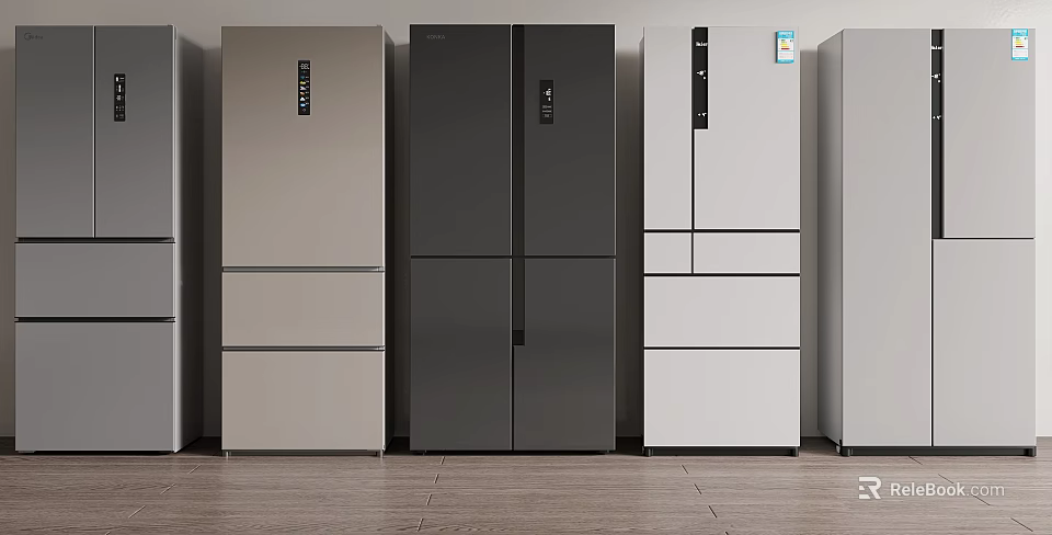 Modern Refrigerators and Freezers in Silver Dark Gray and White with Multiple Door Designs 3d model 