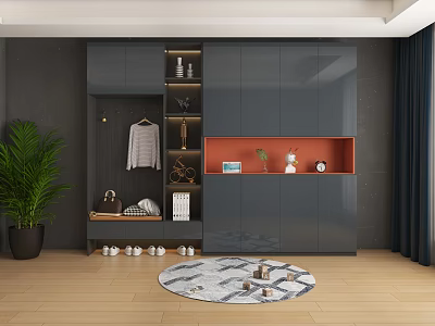 Modern Dark Gray Shoe Cabinet Design With Open Shelves Storage Shoes Bags And Green Plant 3d model