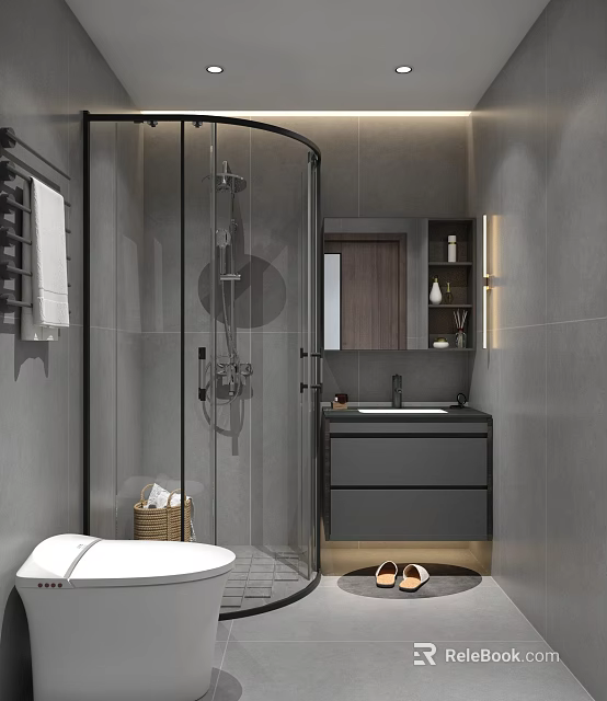 Modern Gray Tile Bathroom With Glass Shower Black Vanity And Mirror 3d model 