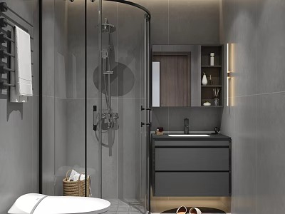 Modern Gray Tile Bathroom With Glass Shower Black Vanity And Mirror 3d model