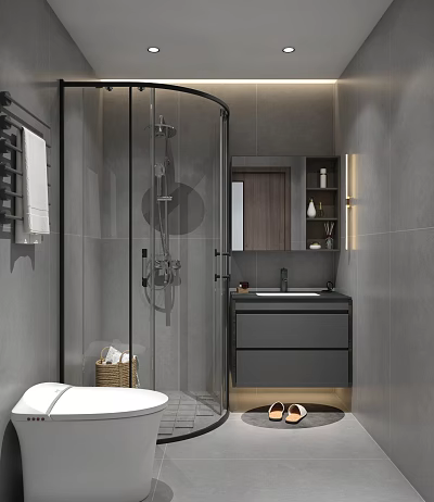 Modern Gray Tile Bathroom With Glass Shower Black Vanity And Mirror 3d model