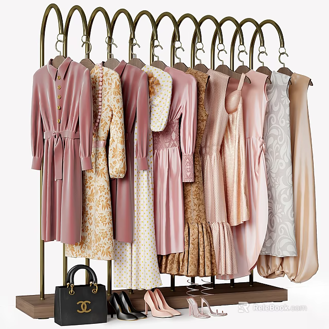 Modern Tech Exhibition Hall Display of Stylish Dresses in Pink Beige Patterns Hanging on Racks with Handbag 3d model 
