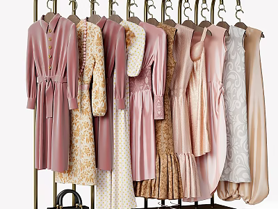 Modern Tech Exhibition Hall Display of Stylish Dresses in Pink Beige Patterns Hanging on Racks with Handbag 3d model