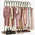 Modern Tech Exhibition Hall Display of Stylish Dresses in Pink Beige Patterns Hanging on Racks with Handbag