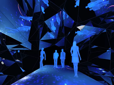 Futuristic Office Hallway With Polygonal Black Blue Structures Illuminated Lighting Silhouette Figures Walking 3d model