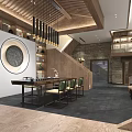 New Chinese Style Clubhouse Interior With Tea Table Staircase Bookshelves Circular Decoration And Wooden Elements