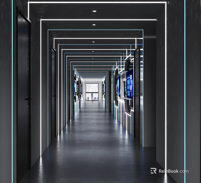 Long Modern Office Hallway Featuring LED Strip Lights Digital Screens Dark Walls 3d model 