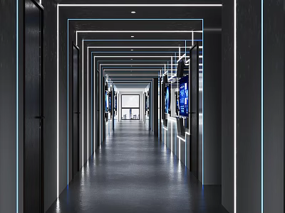 Long Modern Office Hallway Featuring LED Strip Lights Digital Screens Dark Walls 3d model