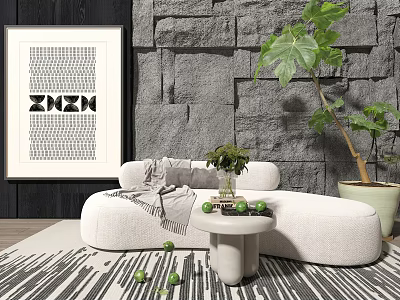 White Curved Sectional Sofa With Throw Blanket Gray Stone Wall And Black Framed Artwork 3d model