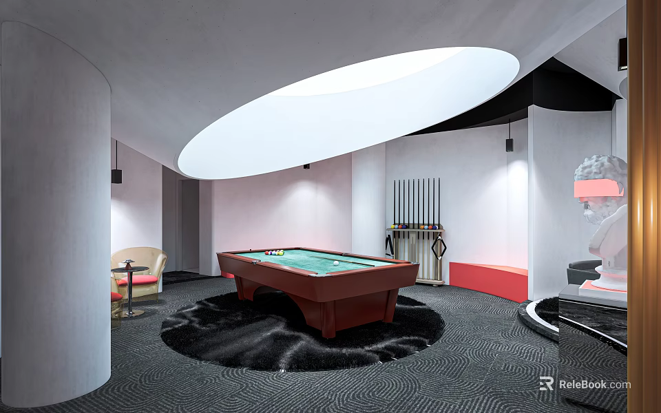Modern Billiard Room Interior With Circular Skylight Pool Table Black Rug And Red Seating 3d model