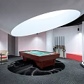 Modern Billiard Room Interior With Circular Skylight Pool Table Black Rug And Red Seating 3d model