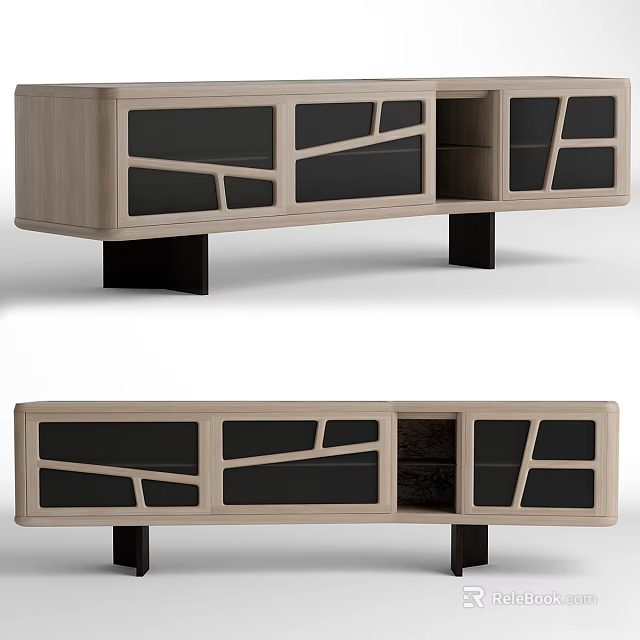 Modern Wooden TV Stand With Black Glass Panels And Geometric Pattern Design 3d model 