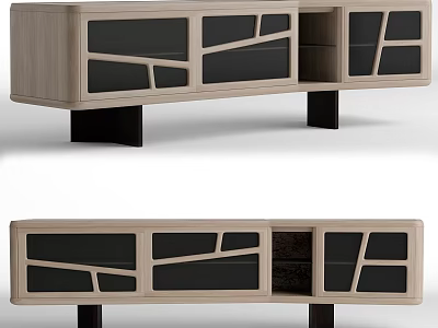 Modern Wooden TV Stand With Black Glass Panels And Geometric Pattern Design 3d model