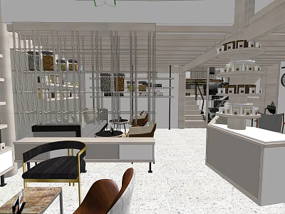 Modern Open Café Interior Design With White Display Shelves Staircase And Tables 3d model