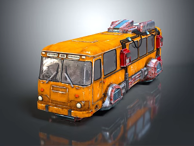 Futuristic Yellow Bus With Mechanical Roof Equipment Red Accents And Metallic Parts 3d model