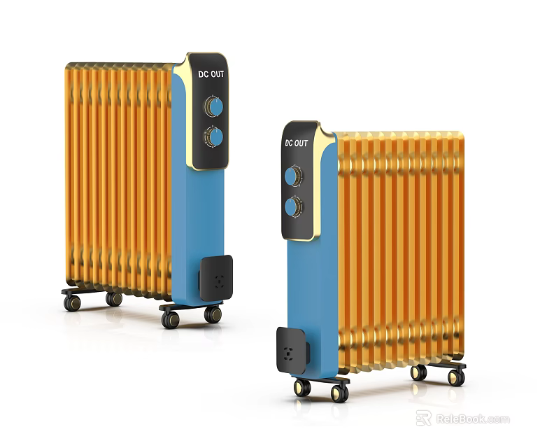 Two Blue And Yellow Electric Heaters With Wheels And Control Panel Knobs 3d model