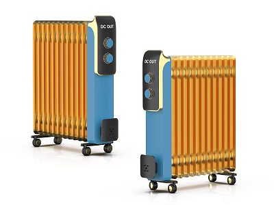Two Blue And Yellow Electric Heaters With Wheels And Control Panel Knobs 3d model