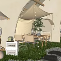 Outdoor Restaurant With Thatched Umbrella Canopy Tent String Lights Teddy Bear Cactus And Stone Path