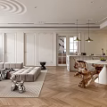 Modern Elegant Open Living And Dining Room Interior With Marble Island And Herringbone Wood Floor