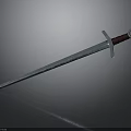 Medieval Sword With Metal Blade Red Hilt Silver Guard And Reflection On Dark Background