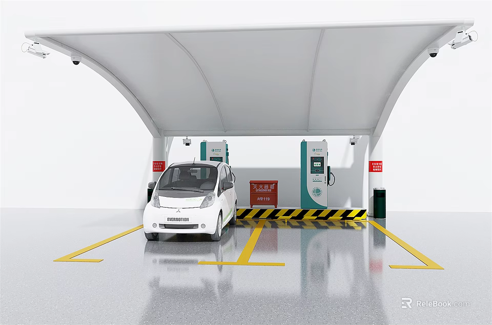 Electric Car Charging Station In Parking Area With White Canopy Charging Piles And Yellow Lines 3d model 