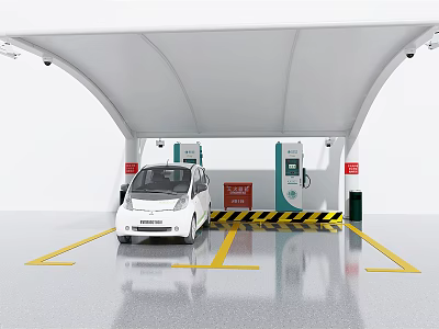 Electric Car Charging Station In Parking Area With White Canopy Charging Piles And Yellow Lines 3d model