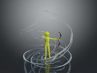 Yellow Game Movie Character Standing With Bow And Transparent Spiral Lines 3d model
