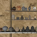 Ceramic Vessels Displayed on Floating Shelves Against Beige Wall with Various Shapes and Colors