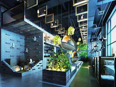 Modern Restaurant Interior Design With Open Dining Space Comfortable Seats And Pendant Lighting Decor 3d model